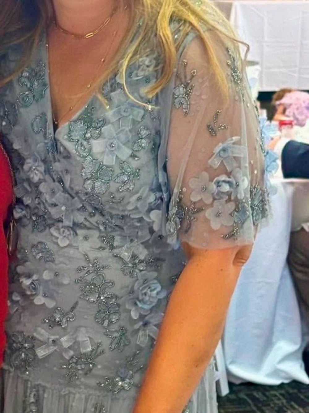 Mac Duggal Light Blue Embroidered Floral Midi Dress